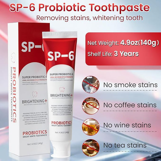 SP-6 Probiotic Whitening Toothpaste, SP-6 Probiotic Toothpaste, Enhanced Formula with 6 Probiotics for Teeth Whitening/Brightening, Enamel-Safe, Fluoride-Free, Fresh Mint Flavor, 4.9oz (1)