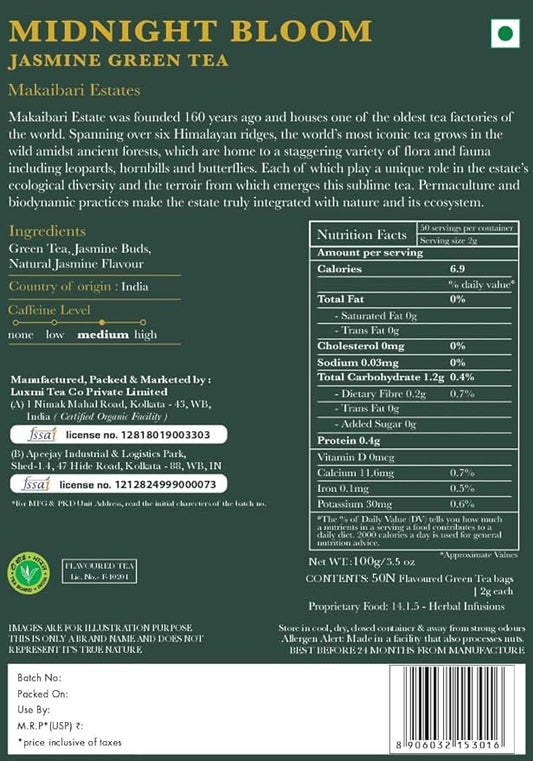 Luxmi Estates Midnight Bloom Organic Jasmine Tea (50 Tea Bags) Mildly Caffeinated Tea Bags For Relaxing, Calming, and Stress Relief, With Certified Organic Darjeeling Makaibari Green Tea