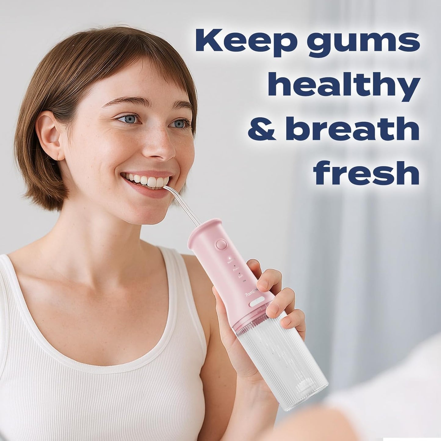 7AM2M Portable Water Flosser Cordless, Water Flosser with 3 Modes and 2 Jet Tips, USB C Rechargeable, IPX7 Waterproof, Dental Water Flosser for Travel and Home Use (Pink)