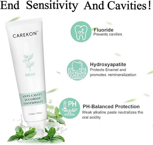 Hydroxyapatite Fluoride Toothpaste for Sensitive Teeth, Enamel Remineralization, Cavity Reversal, Gum Care, Mint Flavor, Travel Size, 2 x 3.52oz