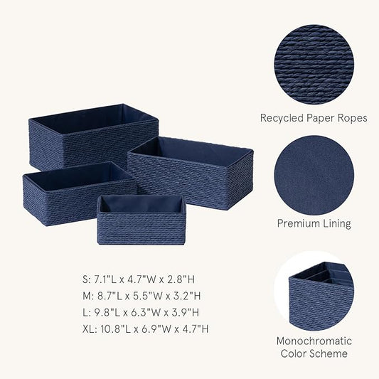 LA JOLIE MUSE Storage Baskets for Organizing - Set of 4 Sturdy Woven Paper Rope Decorative, Stackable Wicker Baskets for Makeup Closet, Bathroom, Bedroom (Navy Blue)