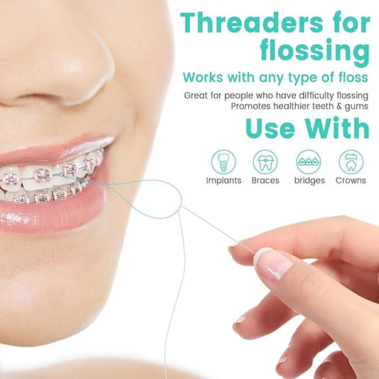 Floss Threaders 400 Count/4 Pack, with 2 Pack of 50M Mint-Flavored Waxed Dental Floss, for Braces, Bridges, Implants, Permanent Retainer