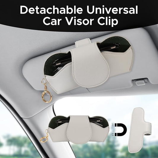 KINIVA Sunglasses Holder for Car Visor with Hanging Hook Portable Leather Glasses Storage Bag with Detachable Clips