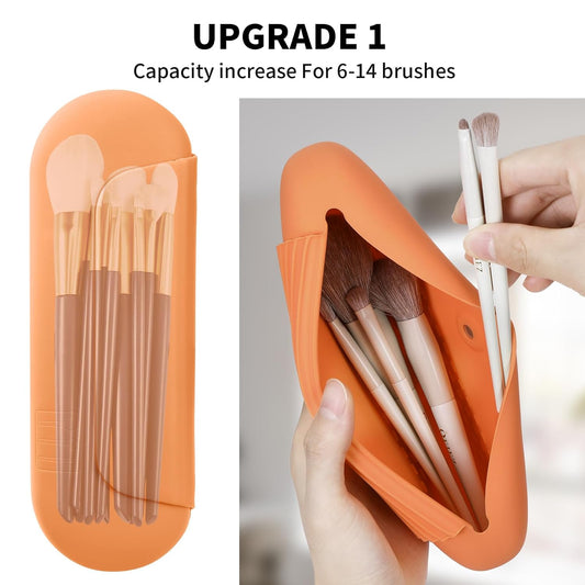Silicone Makeup Brush Holder Travel Cosmetic Bag:Soft Portable Cosmetic Face Brushes Holder with Upgrade Anti-Fall Out Magnetic Closure, Large Travel Makeup Brush Case - Orange