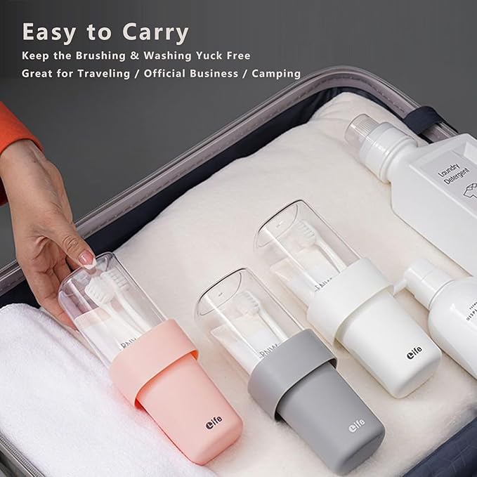 Travel Toothbrush Holder for Bathroom, 2-in-1 Secure Seal Storage Cups, 2-Pack, White and Pink