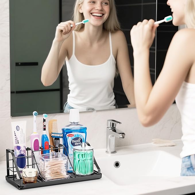 Toothbrush Holders Set with 2 Pack Qtip Holder Dispenser, Kids Electric Toothbrush and Toothpaste Holder, 7 Slots Tooth Brushing Holder for Bathroom Sink Countertop Organizer and Storage Accessories