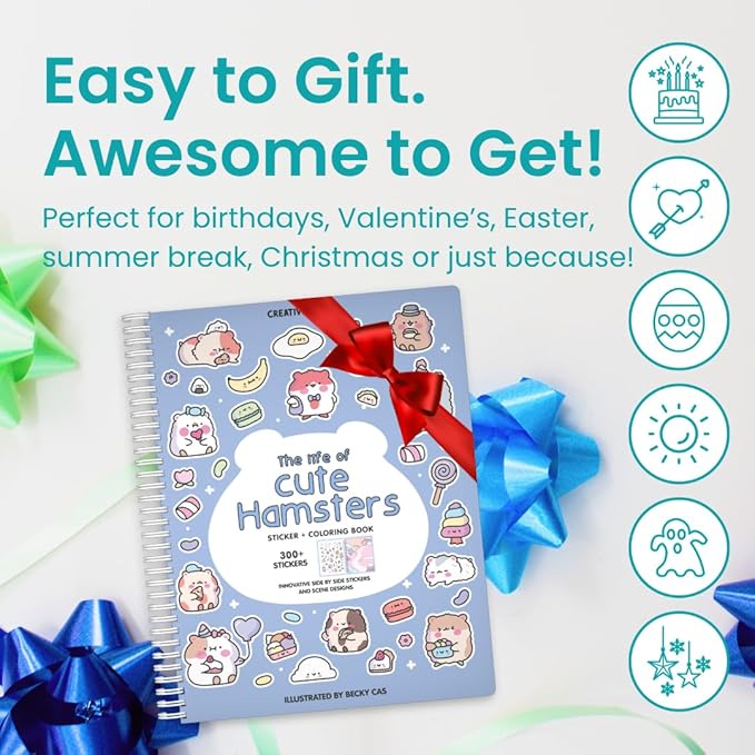 Cupkin Hamsters Sticker Book Activity for Kids, Toddler Airplane Travel Essentials, 300+ Brogs Stickers for Kids + 8 Scenes + Coloring Book Pages, Rabbit Lover Gift, Children's Crafts Ages 2-8