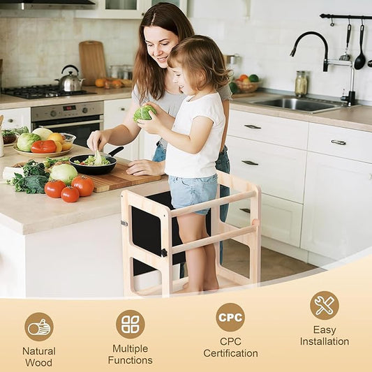 Toddler Kitchen Step Stool, 4-in-1 Foldable Standing Tower with Blackboard, Toddler Step Stool for Bathroom Sink, Kitchen Counter, Ages 18 Months to 4 Years