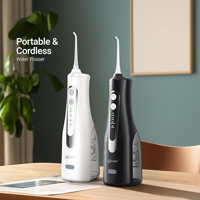 Cordless Oral Irrigator - 4 Modes Water Flosser for Teeth Cleaning, 300ML Reservoir, 360° Nozzle, IPX7 Waterproof, 2000mAh Rechargeable Battery, 4 Jet Tips, Smart Memory Function (M149 - Black)