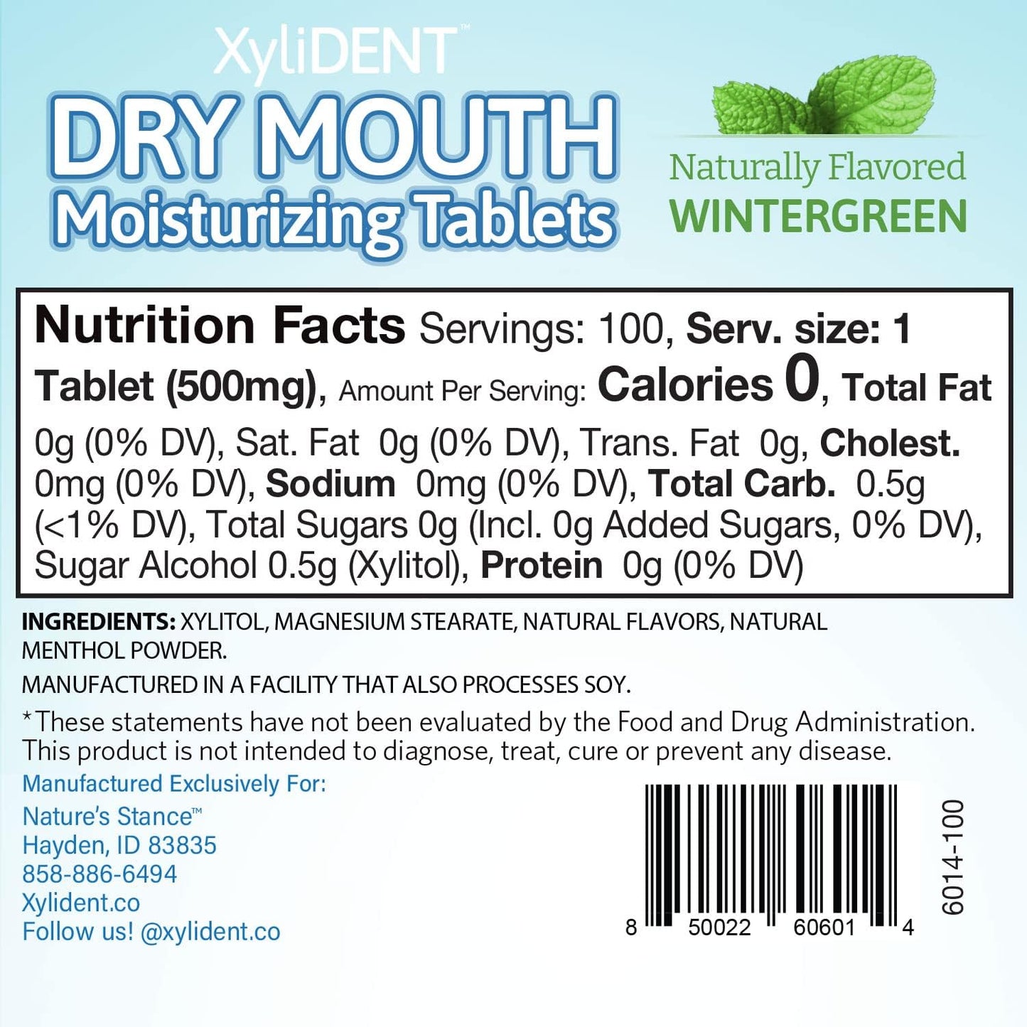 Nature's Stance XyliDENT Xylitol Tablets for Dry Mouth Relief - Stimulates Saliva, Freshens Breath, Reduces Acid Production, Fast Acting Relief, 100 Count (Wintergreen)