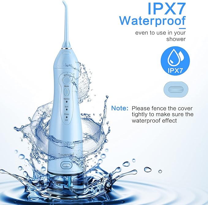 TOVENDOR Electric Water Flosser, Cordless Rechargeable Dental Oral Irrigator IPX7 Waterproof 300ML Travel Water Teeth Cleaner with 5 Tips for Braces Care Teeth Gums Cleaning, Home Office Daily Use