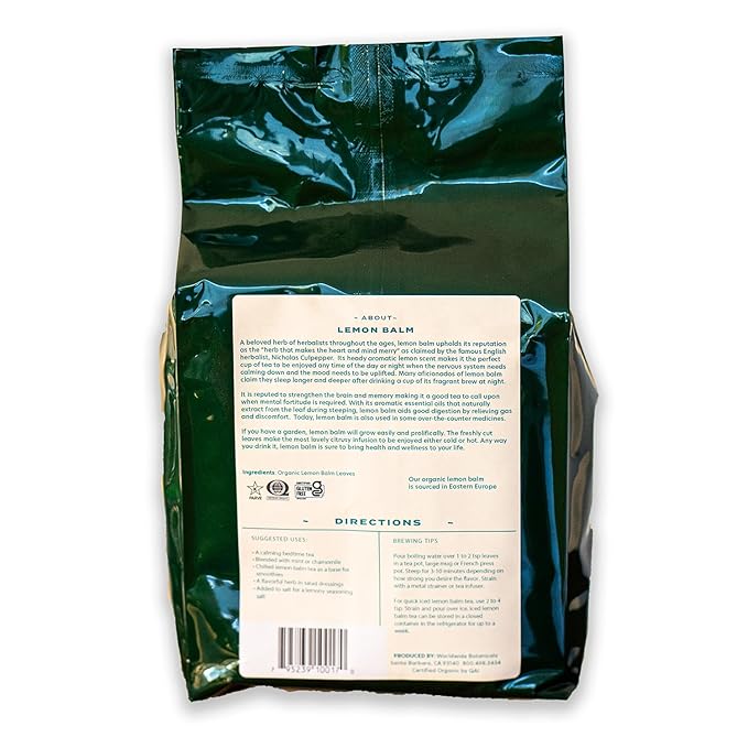 Worldwide Botanicals Organic Lemon Balm Tea, 1Lb - Loose Leaf Premium Herbal Tea | 100% Pure Lemon Balm Leaves | For Stress Relief and Good Digestion | Kosher