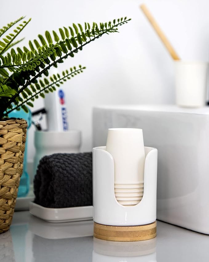 Ceramic Bathroom Cups Dispenser - 3 oz Disposable Paper & Plastic Bathroom Cups Holder - Mouthwash Cups Dispenser for Bathroom, Guest Toiletries, Countertop, Coffee - BPA Free (2 Pack)