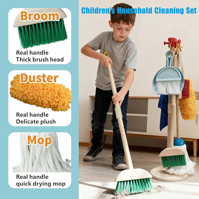 Kids Cleaning Set, 8 Pack Wooden Housework Cleaning Includes Broom Mop Duster Dustpan Brushes Rag and Organizing Stand, Solid Beech Wood , Cleaning Toys Gift for Toddlers Girls Boys Age 3-8