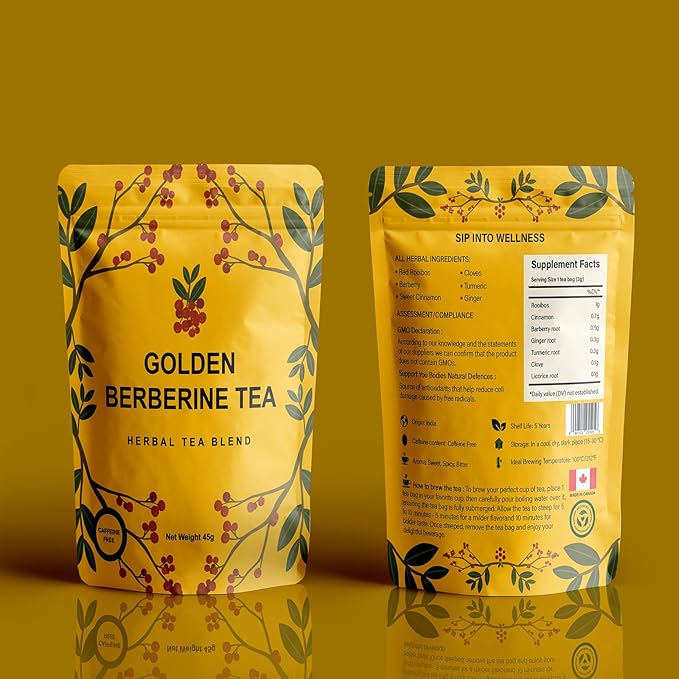 Berberine Tea 45g Natural Organic Caffeine-Free Blend Non-GMO Herbal in Plastic-Free Stand Alone Pouch Delicious Antioxidant for Immune Support