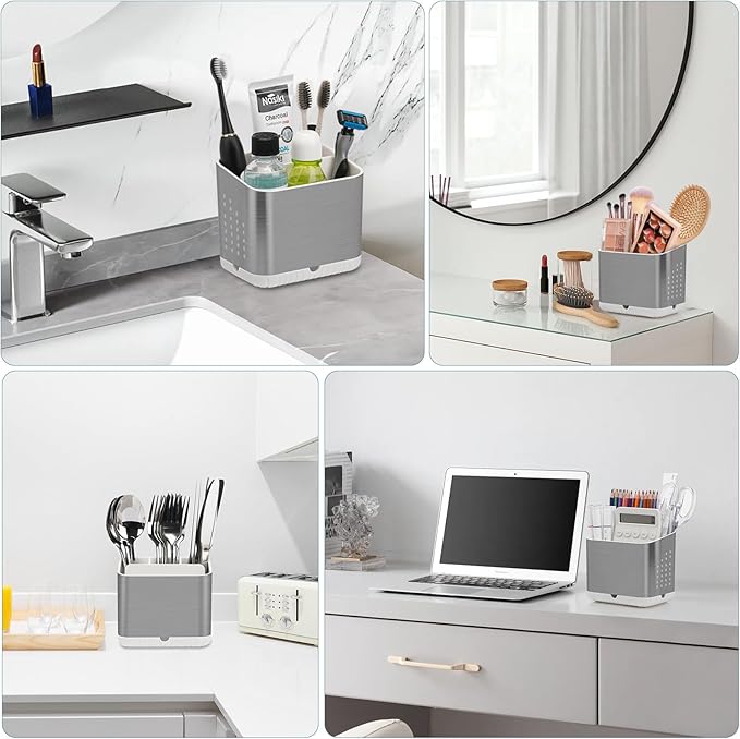 Toothbrush Holders for Bathrooms, Kids Electric Toothbrush and Toothpaste Holder, Brushed Nickel Toothbrush Caddy, Tooth Brushing Stand for Bathroom Organizer Countertop (Brushed Silver)