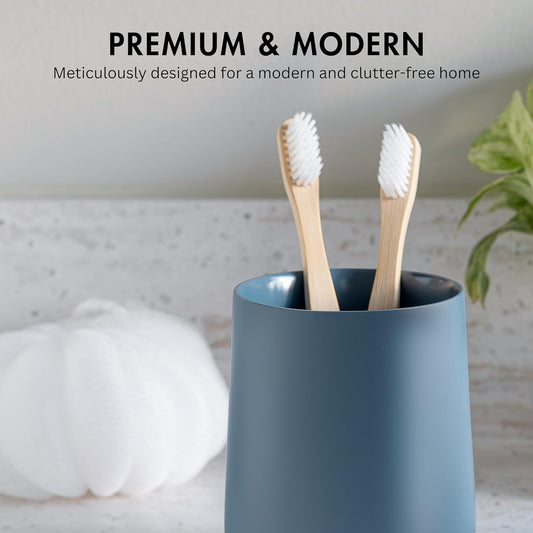 Matte Blue Toothbrush and Toothpaste Holder and Cup for Bathroom Vanity and Countertop, Round Organizer for Electric Toothbrushes, Floss, Razors, Cotton, and Mouthwash