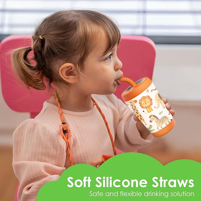 Kid Insulated Stainless Steel Tumbler with Silicone Straw, 12oz Sippy Cup for Kids (Jungle Animals)
