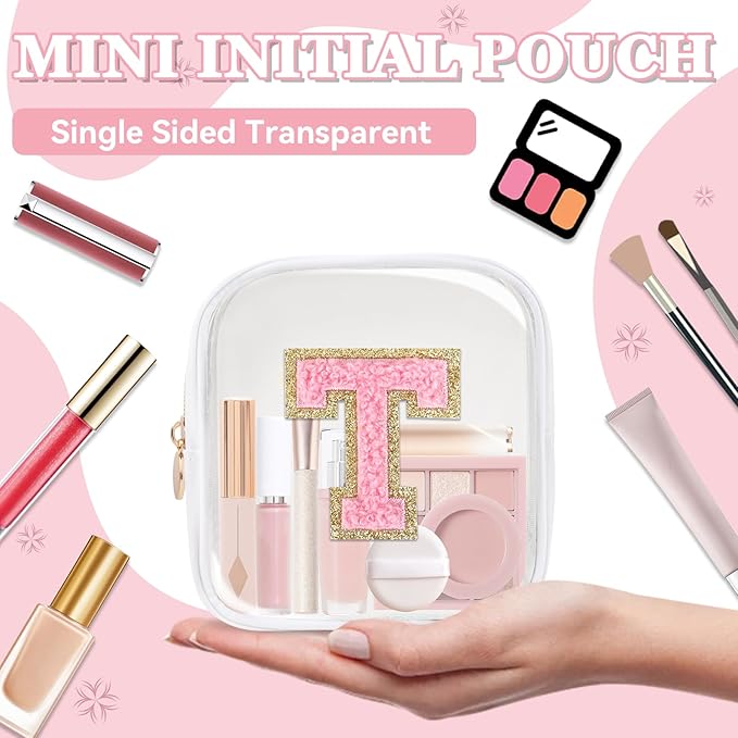Mini Clear Personalized Initial Makeup Bag,Small Nylon Waterproof Zip Beach Cosmetic Pouch,Preppy A-Z Chenille Letter Patch Cute Coin Purse Travel Toiletry Bag Car Pack Bag for Women(White-Pink T)