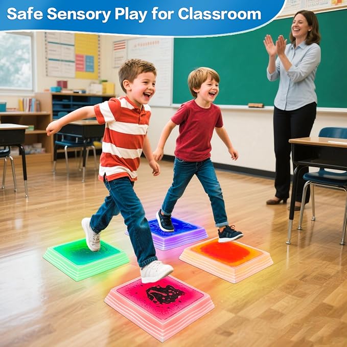Light Up Sensory Floor Tiles for Kids - 12x12 Inch Liquid Sensory Play Mat with 7 Colors Led Lights, Non-Slip Puzzle Mat for Home and Classroom, Autism Sensory Toys for Toddlers Ages 3-7 (Pack of 4)