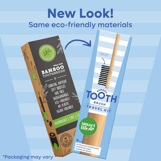 Bamboo Charcoal Toothbrushes (4 Pack) with Travel Case & Stand - Extra Soft Bristles for Adults & Kids Teeth | Zero Waste Travel Toothbrush Kit | Natural Eco-Friendly Wooden Brush Holder Cover