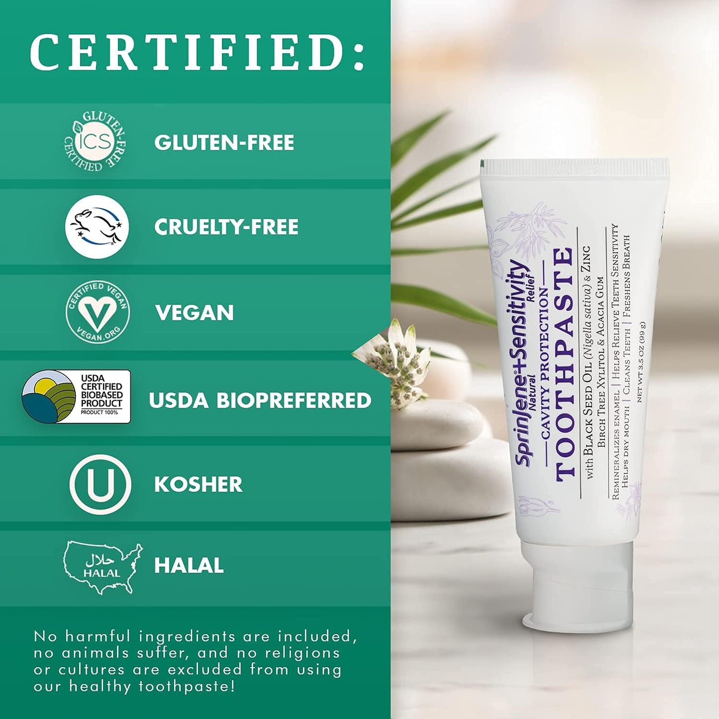 SprinJene Natural Sensitivity Relief Toothpaste – Fluoride Toothpaste for Sensitive Teeth & Cavity Protection – SLS Free with Patented Black Seed Oil & Zinc – Made in The USA (2 Pack)