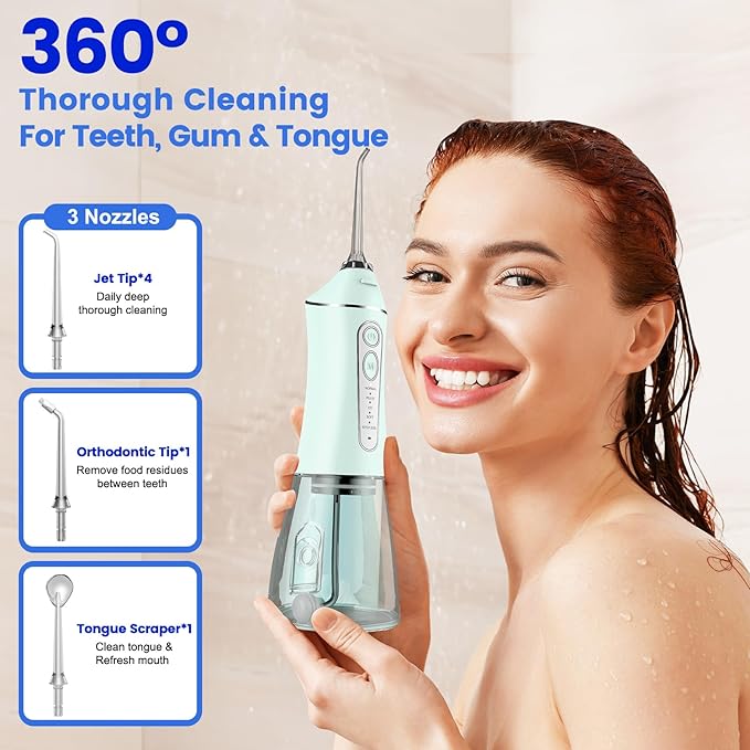 Water Flosser for Teeth Cleaning and Flossing, 5 Modes Rechargeable Cordless Oral Irrigator 320ml Water Tank Teeth Cleaner, IPX7 Waterproof Portable Electric Dentel Flossers for Home and Travel,Green