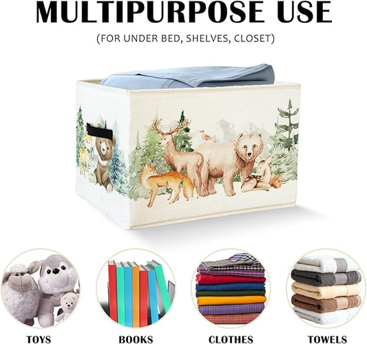 Rectangular Kids Storage Basket with Handles,Toy Baskets Storage Kids,Cute Animal Woodland Foldable Nursery Decorative Baskets for Kids Girls Room Dorm Bedroom Bathroom Clothes Toys Books