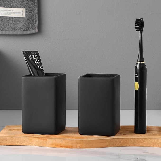 Black Square Toothbrush Holders for Bathrooms - 2 Cups Ceramic Square Toothbrush Toothpaste Holders Set, Bathroom Tumbler Cups Reusable Toothbrush Mouthwash Cup, Bathroom Counter Organizer.
