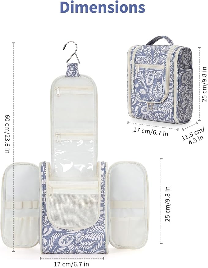 Narwey Small Hanging Toiletry Bag Women Travel Makeup Bag Organizer Toiletries Bag for Travel Size Essentials Accessories Cosmetics (Medium, Blue Leaf)