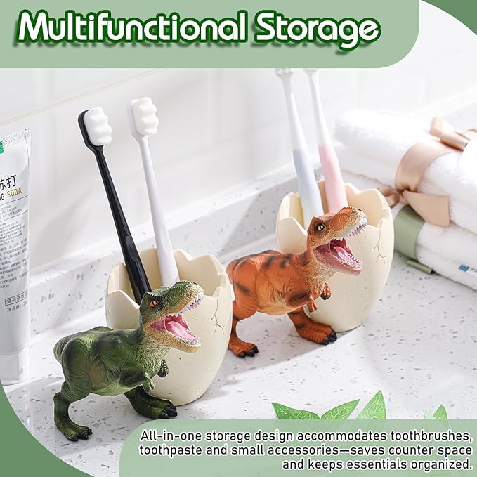 Eaasty 2 Pcs Dinosaur Kids Toothbrush Holders Toothbrush Organizer Funny Dino Resin Cup for Bathroom Easy to Clean Pen Holder Gift Birthday Children's Day Christmas