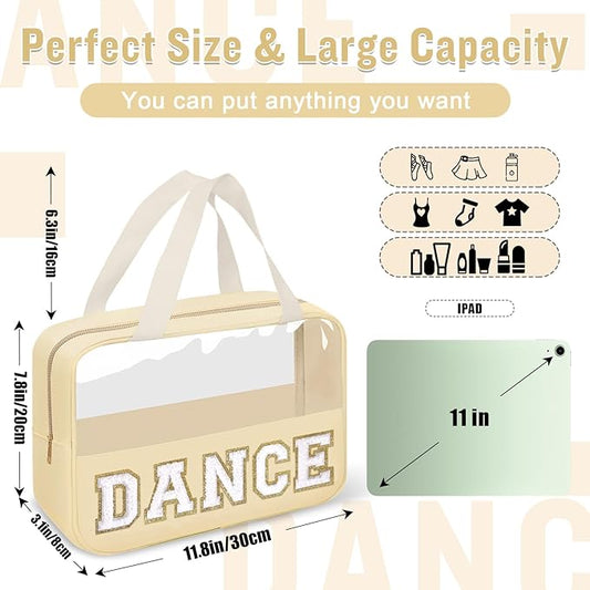 Dance Bag for Girls Chenille Letter Clear Makeup DANCE Stuff Bag,Toddler Dance Recital Gifts Ballet Cosmetic Zipper Pouch with Handle,Dance Competition Accessories Toiletry Storage Bag(DANCE-Beige)