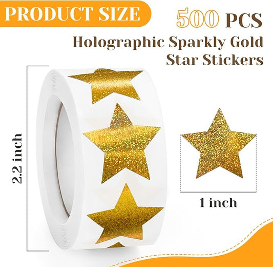 500 PCS Star Stickers, Self-Adhesive Metallic Glitter Foil Sparkly Star Stickers for Reward Behavior Chart Labels, Kids, Students, Teachers Supplies, Sparkly Gold, 1"