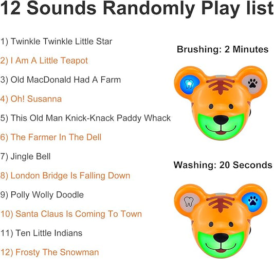 Musical Timer for Kids, Rechargeable Battery 2 Minute Toothbrush Timer and 20 Seconds Bathroom Hand Wash Timers with LED Color Light, 3 Volume Options Musical Timers for Children Tiger