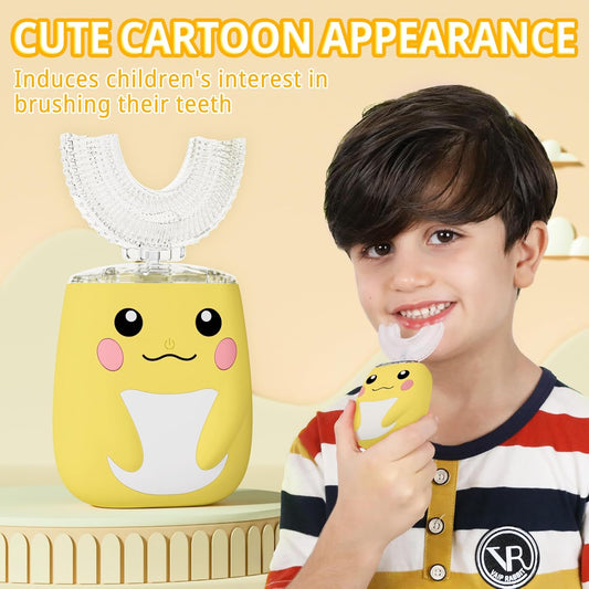 Kids Electric U Shaped Toothbrush Children Rechargeable Sonic Toothbrush with 6 Soft Brush Head Automatic Full Mouth 6 Cleaning Modes -Age8-15 Yellow