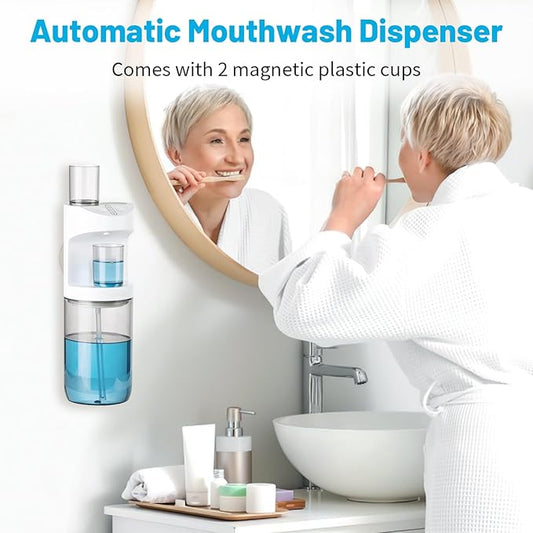Automatic Mouthwash Dispenser, 19.35oz Touchless Electric Wall-Mounted & Countertop, Rechargeable Mouth Wash Dispensers for Bathroom with Magnetic Cups for Kids & Adults, White