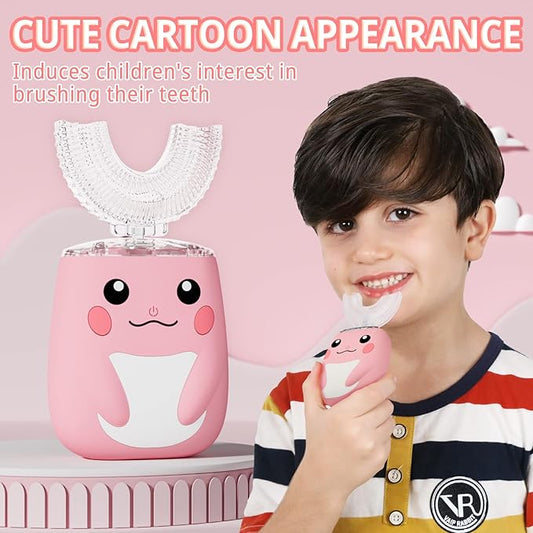 Kids Electric U Shaped Toothbrush Children Rechargeable Sonic Toothbrush with 6 Soft Brush Head Automatic Full Mouth 6 Cleaning Modes -Age8-15 Pink