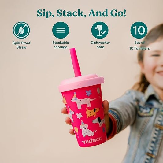 REDUCE GoGo's Kids Portable Tumbler Cups with Lids and Spill-Proof Straws - 10 Pack of Stackable 12 oz Tumblers with Twist-On Lids - Easy Storage, Dishwasher Safe - Play Date