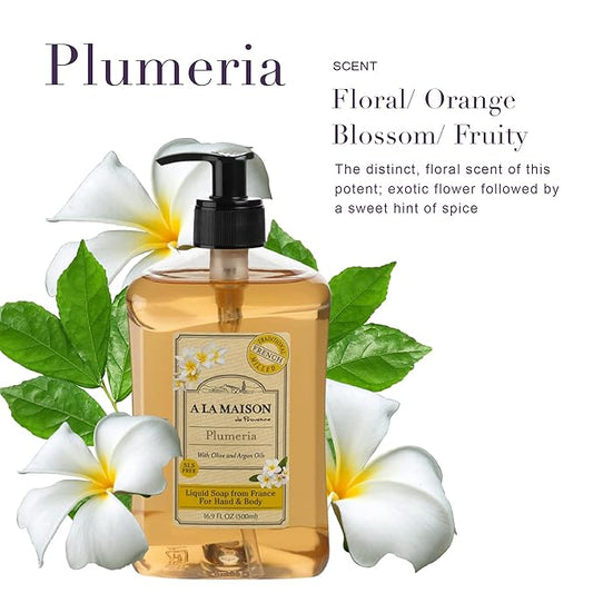 A LA MAISON French Liquid Hand Soap, Plumeria - Natural Hand Wash Made with Essential Oils - Biodegradable, Plant-Based, Vegan, Cruelty-Free, Alcohol & Paraben Free (16.9 oz, 3 Pack)