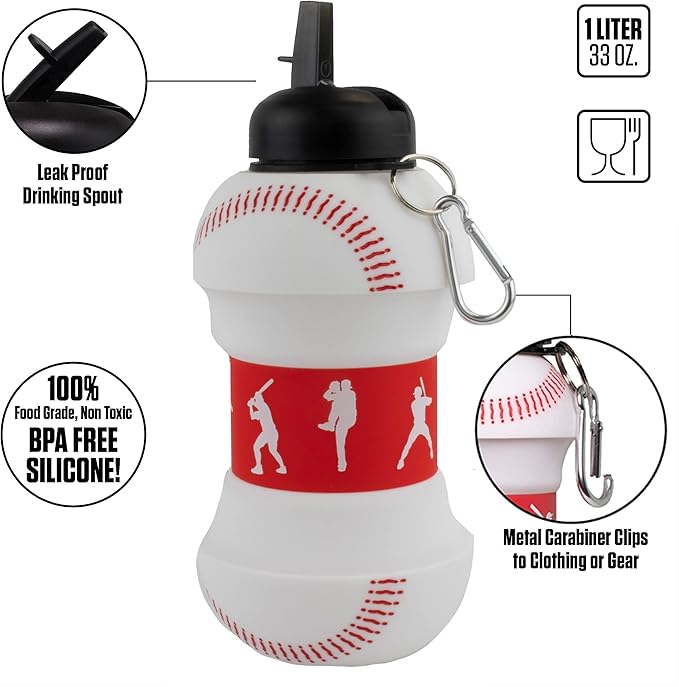 Maccabi Art Clip-On Collapsible 1 Liter, 34 oz. size BPA-Free Silicone Baseball Large Water Bottle for Kids