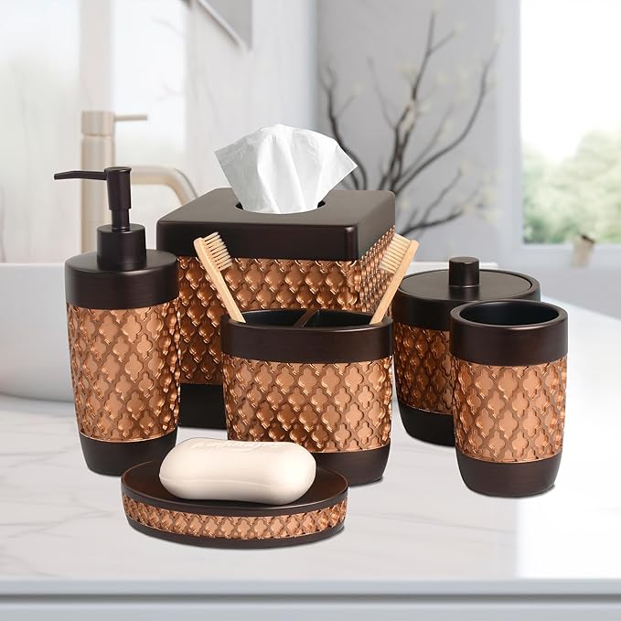 6-Piece Bathroom Accessories Set – Soap Dispenser, Toothbrush Holder, Tumbler, Soap Dish, Cotton Swab Jar & Toilet Brush – Modern Bathroom Decor Set (Wally)