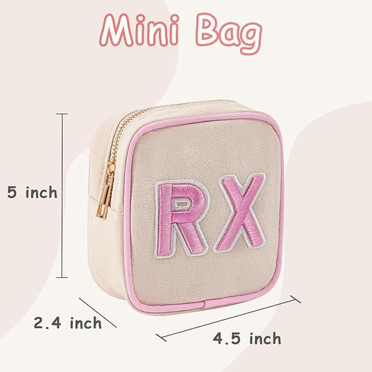 Small Canvas Rx Medicine Packages, Cute Chenille Letter Patch Drug Makeup Bag with Metal Zipper, Mini Travel First Aid Purse Organizer Machine Washable (04Light-Pink)