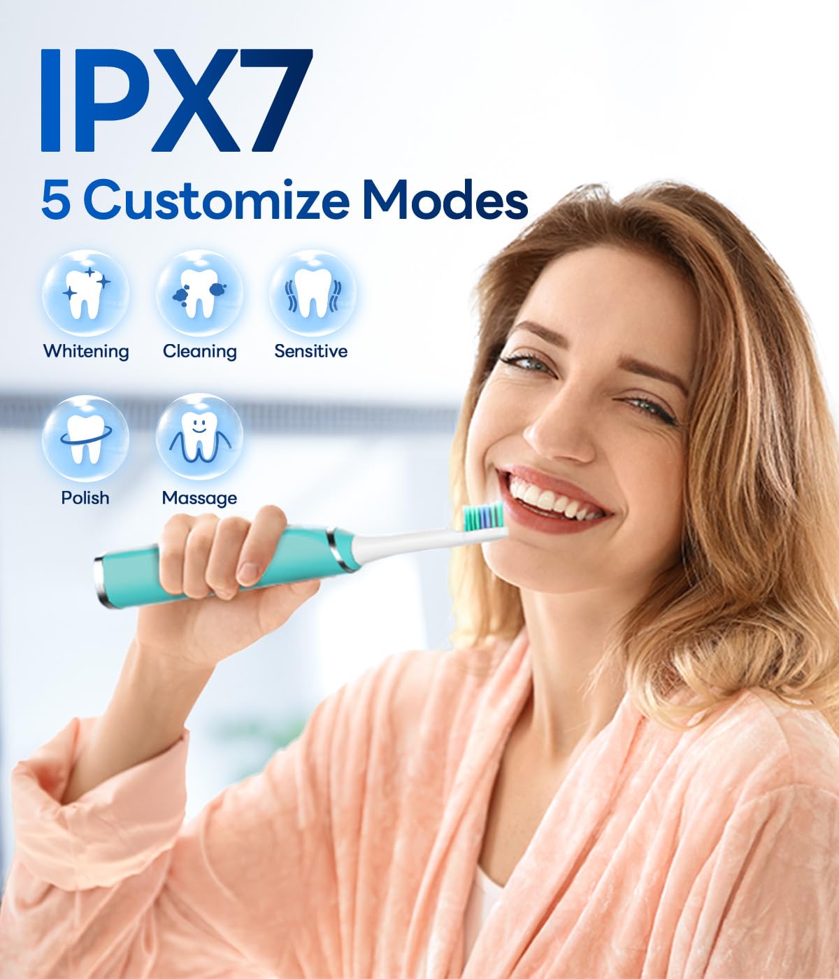 Bymore Electric Toothbrush for Adults,ElectricToothbrush,Travel Sonic Toothbrush with 8 Replacement Heads,Ultra Soft RechargeableToothbrush-Blue