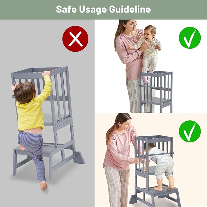 COSYLAND Toddler Standing Tower - Adjustable Height Toddler Kitchen Stool Helper - Kids Kitchen Step Stool for Learning with Removable Safety Railing Slate Gray