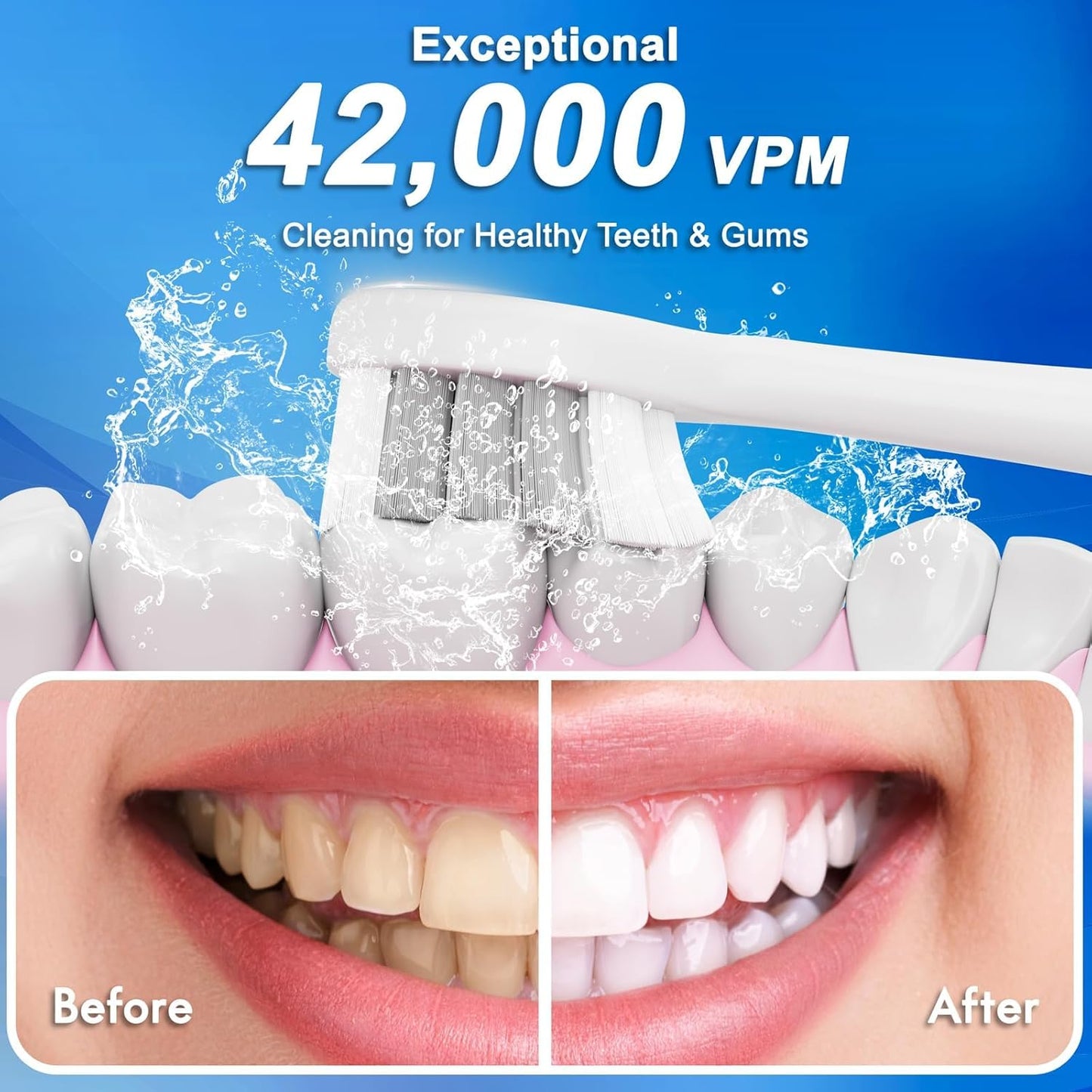 Electric Toothbrush, 10 Brush Heads & Travel Case, 42,000 VPM Electric Motor & USB Charging, 5 Modes with Smart Timer, Ultra Whitening Toothbrush for Adults and Kids