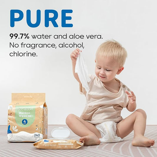 ECO BOOM Bamboo Viscose Wipes | Non-Toxic, Organic & Biodegradable Baby Wipes | Unscented, Hypoallergenic, Vegan for Sensitive Skin, 240 Count