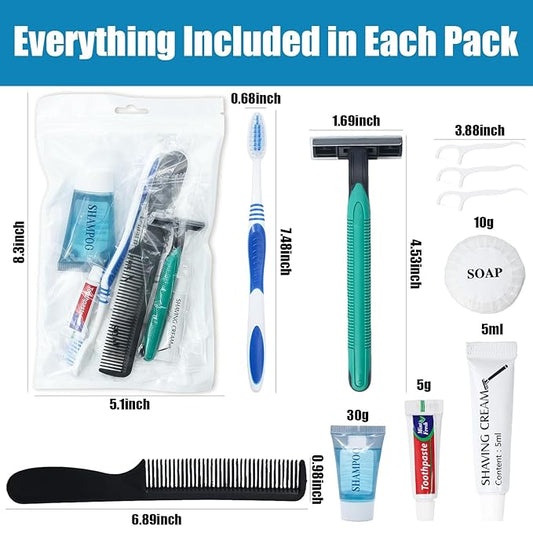 50 Pack Hygiene Kits for Homeless in Bulk, 8-in-1 Personal Toiletry Kit Individually Packed with Toothbrush, Toothpaste, Comb, Flossers,Shampoo, Soap, Razor & Shaving Cream