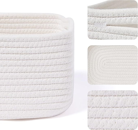 Small Storage Baskets for Organizing | Closet Organizer Bins | Shelf Toy Basket | Woven Rope Baskets | Cube Decorative Box | Shallow Basket | 13x8.5x5.1” | 4 Packs Off White
