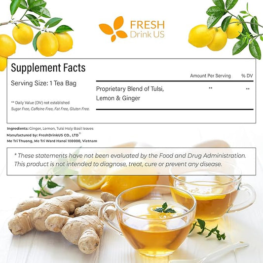 FreshDrinkUS, Premium 55 Tulsi Lemon Ginger Tea Bags, 100% Natural & Pure from Tulsi Holy Basil Leaves, Lemon and Ginger. Made with Natural Material Tea Bags. No Sugar, No Caffeine, Vegan.