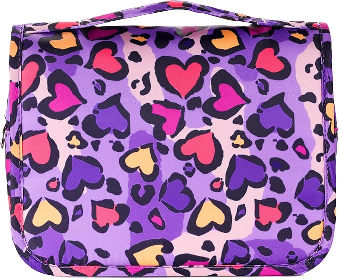 Kids Hanging Toiletry Bag for Girls, Travel Toiletry Bag for Little Young Girls Cosmetic Makeup Waterproof Wash Bag Toddler Traveling Toiletries, Leopard Purple